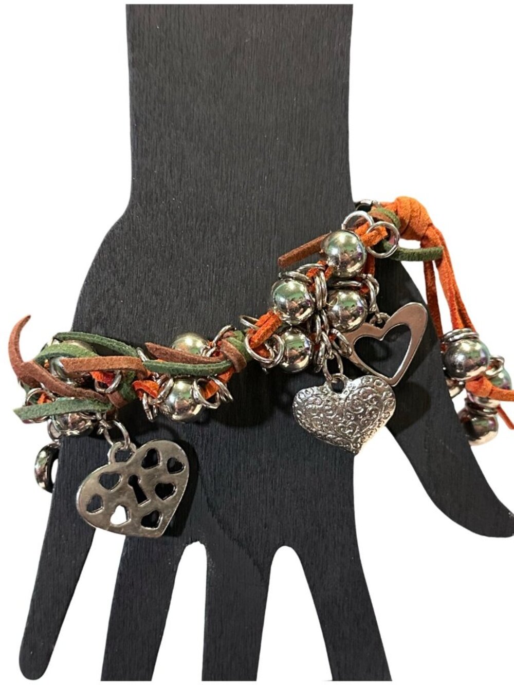 Charm Bracelet Leather Suede Fringe Hearts Silver Tone Brown Green 8 Inch Boho